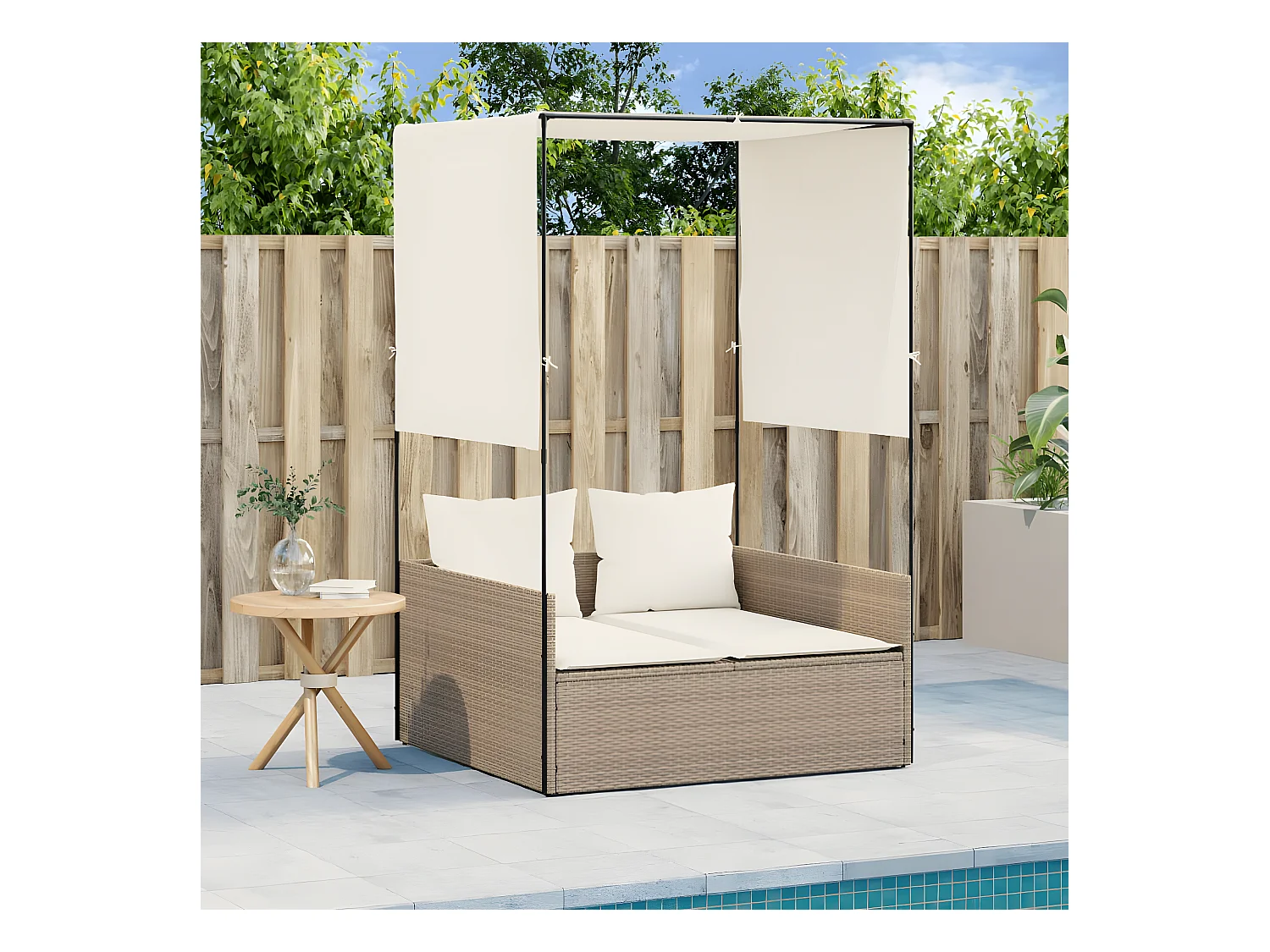 Bain de soleil double avec toit et rideaux beige résine tressée FR62377
