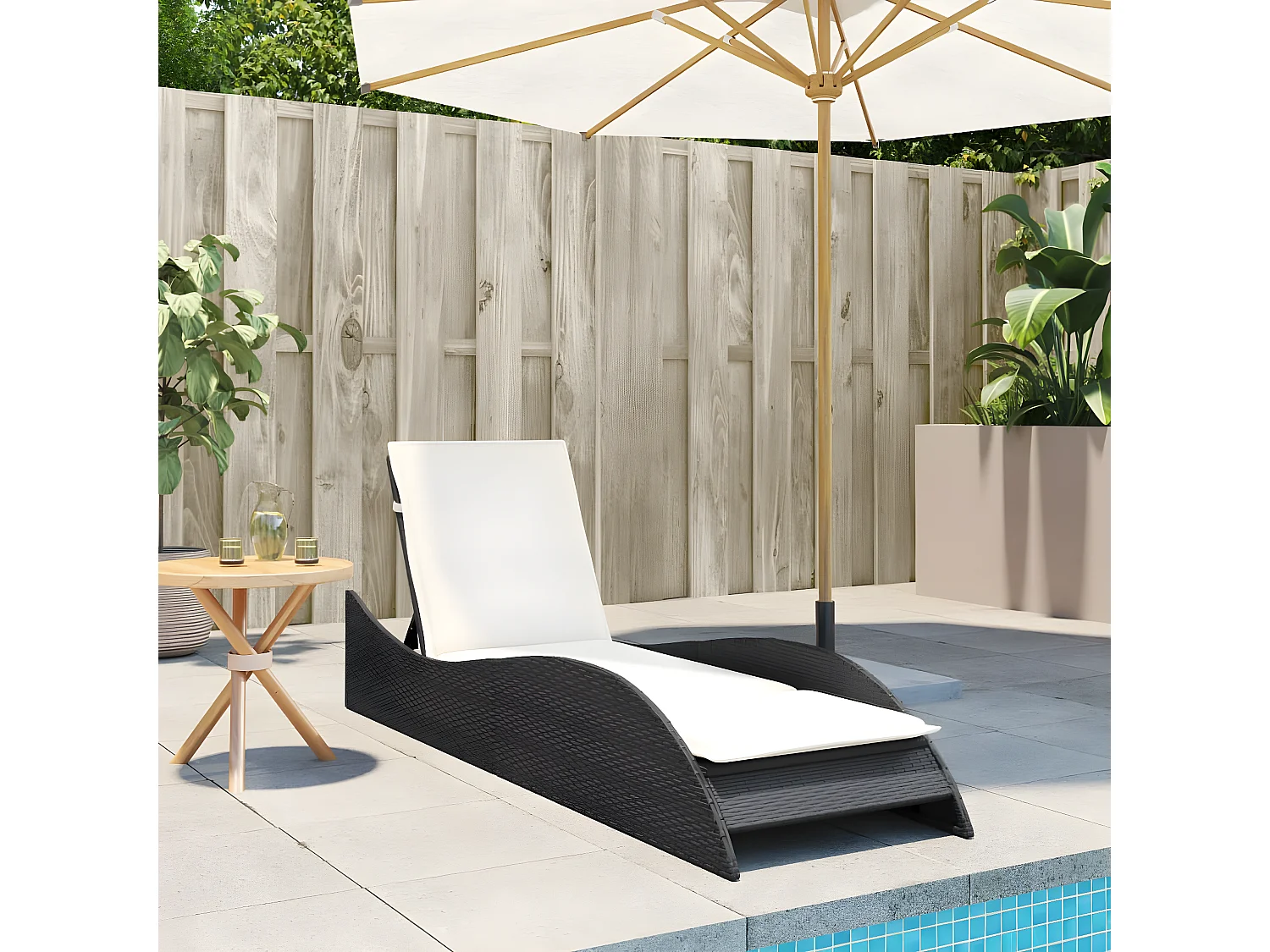 Bain de soleil avec coussin noir 60x205x73 cm résine tressée FR29743