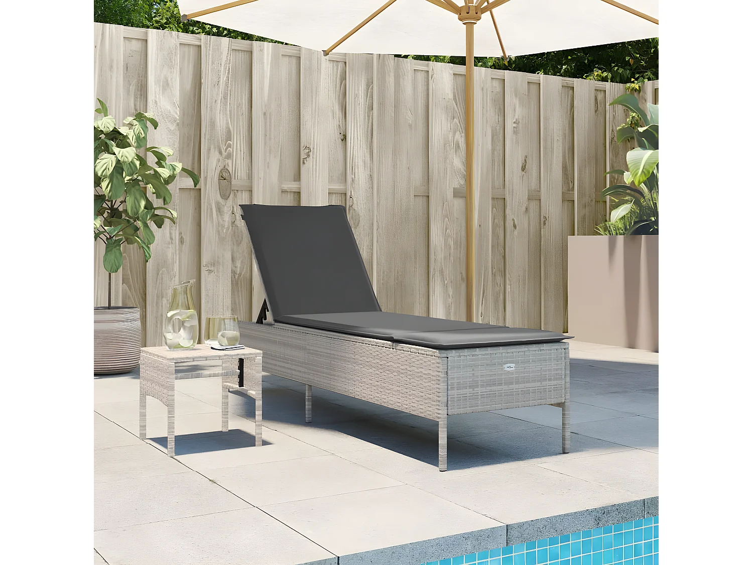 Bain de soleil avec table et coussin gris clair résine tressée FR93053