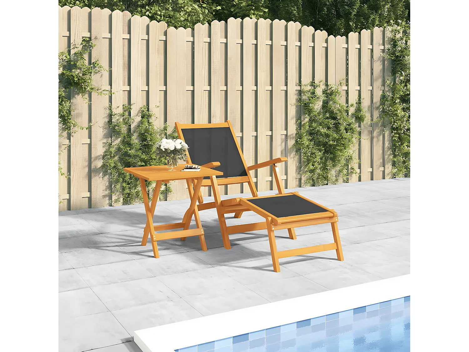 Silla de jardín con reposapiés y mesa madera acacia y textilene ES843110