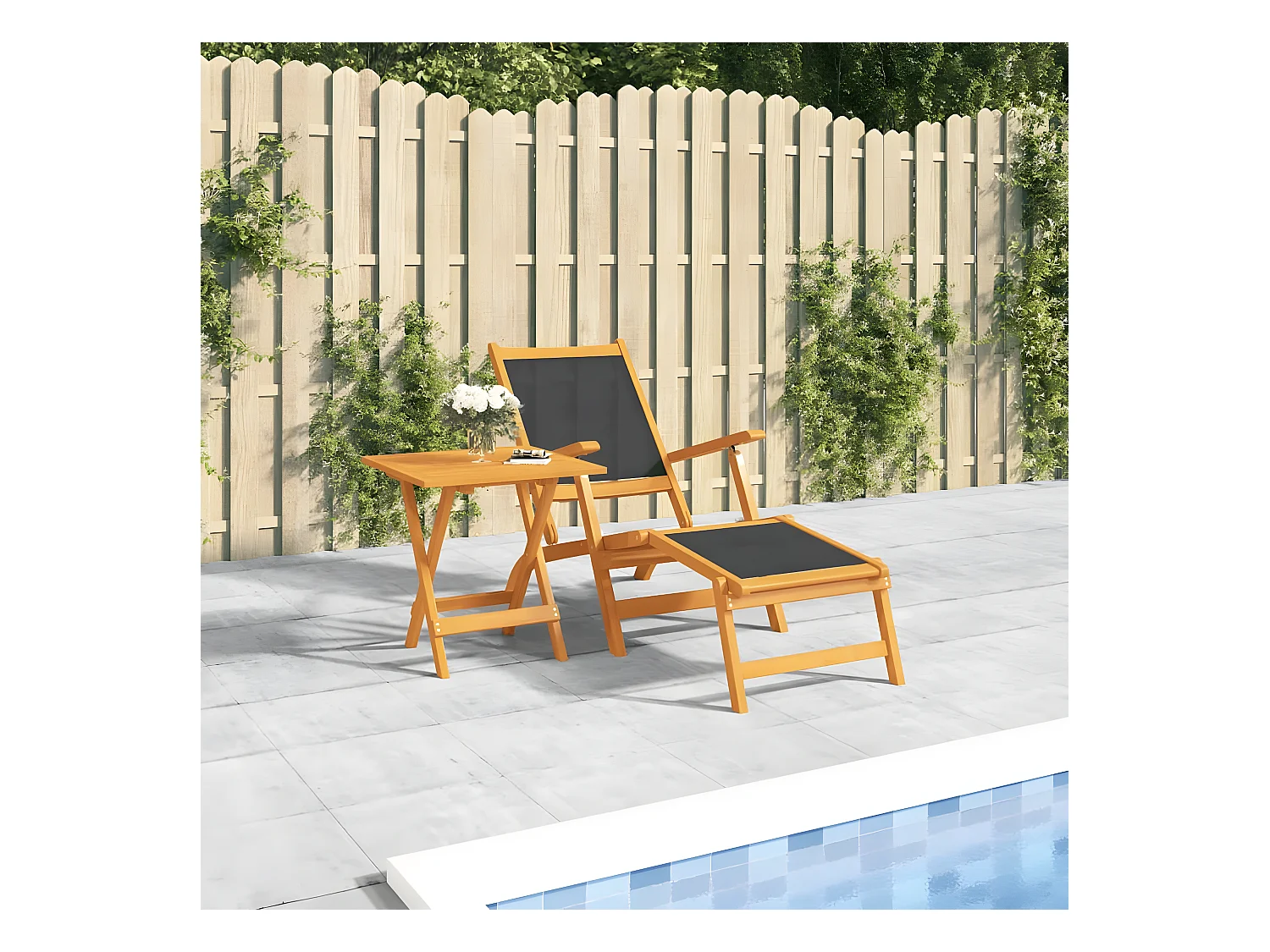 Bain de soleil d'extérieur avec table Acacia massif et textilène FR55020