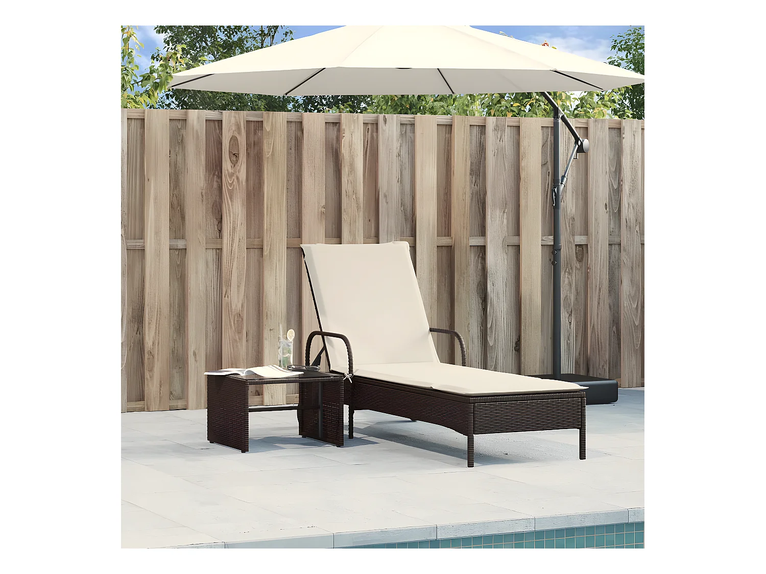 Bain de soleil avec roues et coussin marron résine tressée FR55740