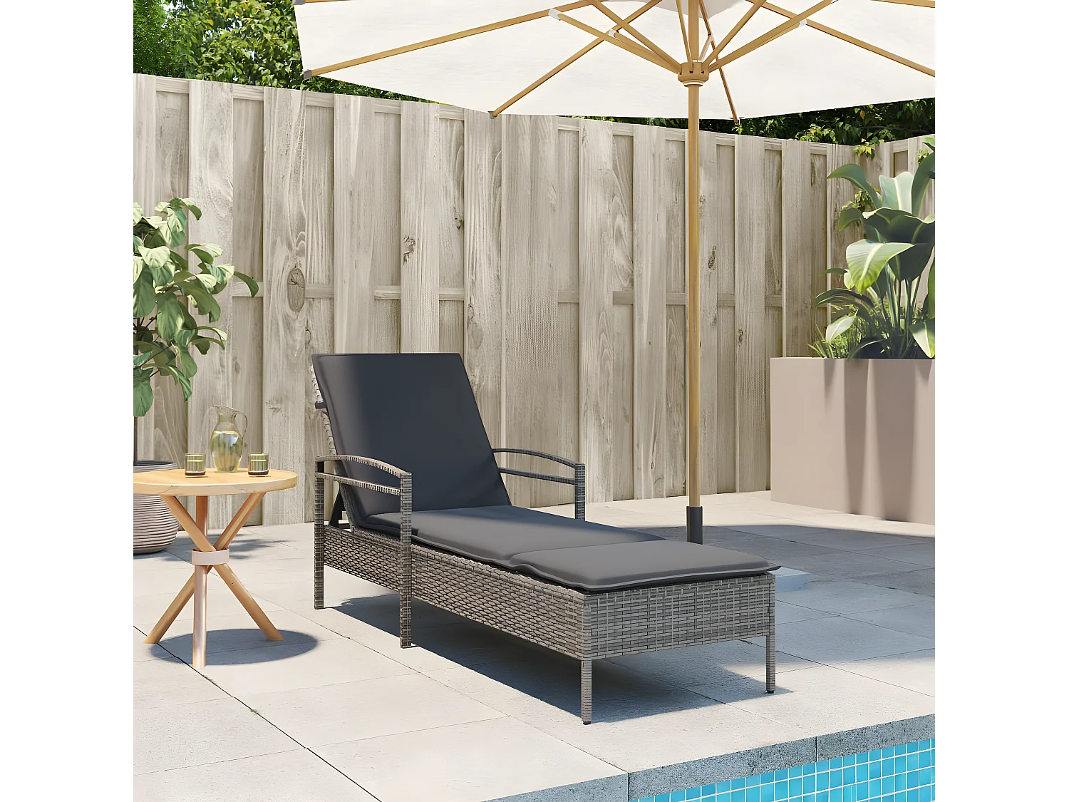 Bain de soleil avec coussin gris 63x200x81 cm résine tressée FR34898