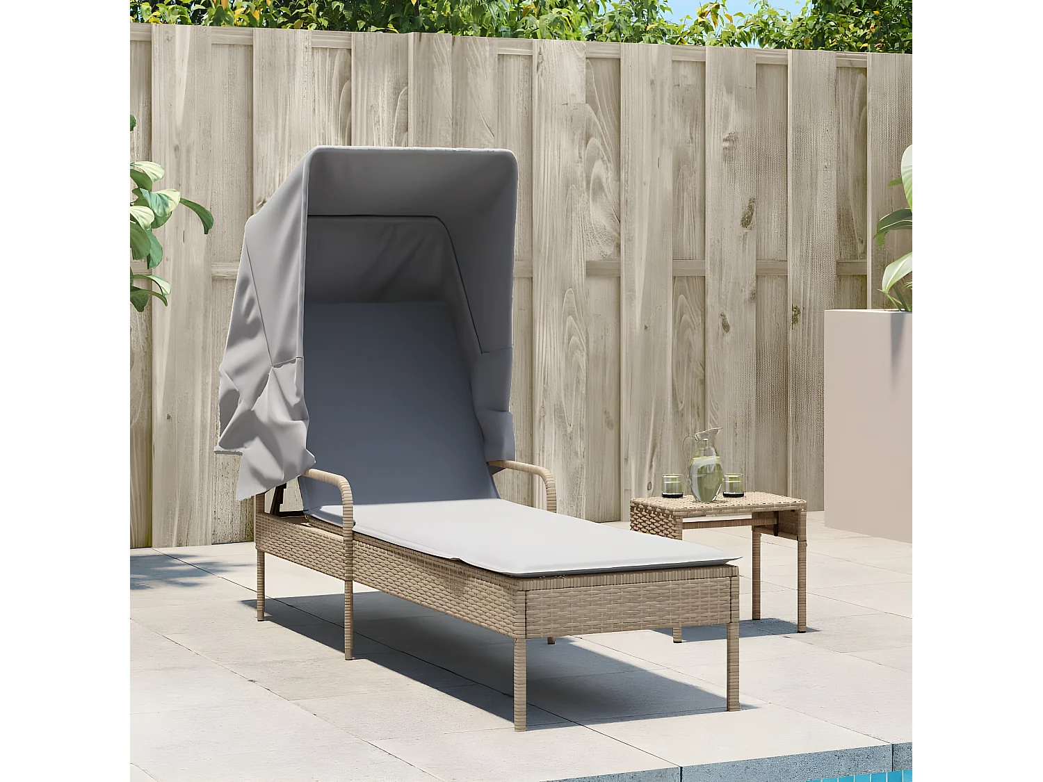 Tumbona con capota y mesa ratán sintético beige ES731796