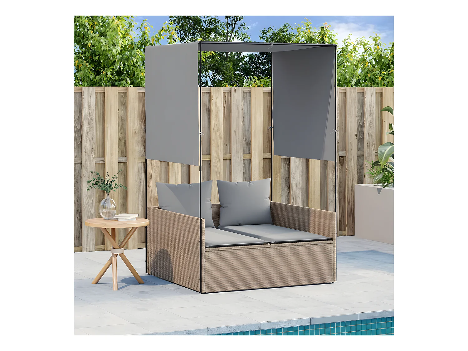 Bain de soleil double avec toit et rideaux beige résine tressée FR82291