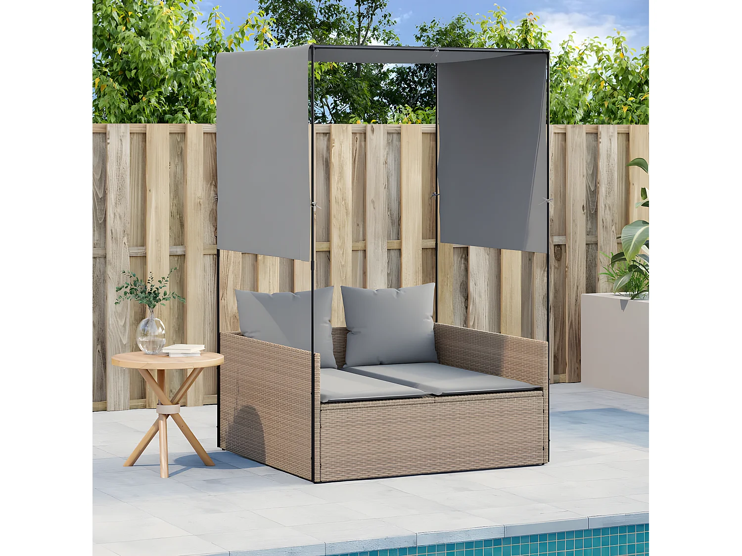 Tumbona doble con techo y cortinas ratán sintético beige ES126443