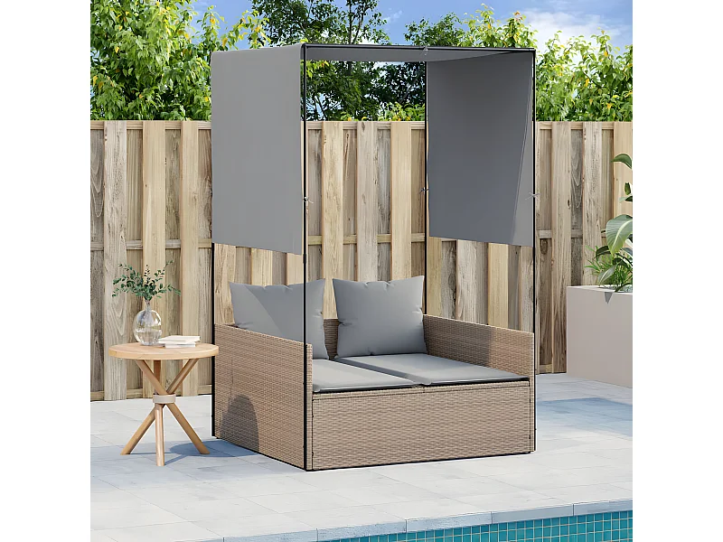 Ligbed tweepersoons met dak en gordijn poly rattan beige BE647071