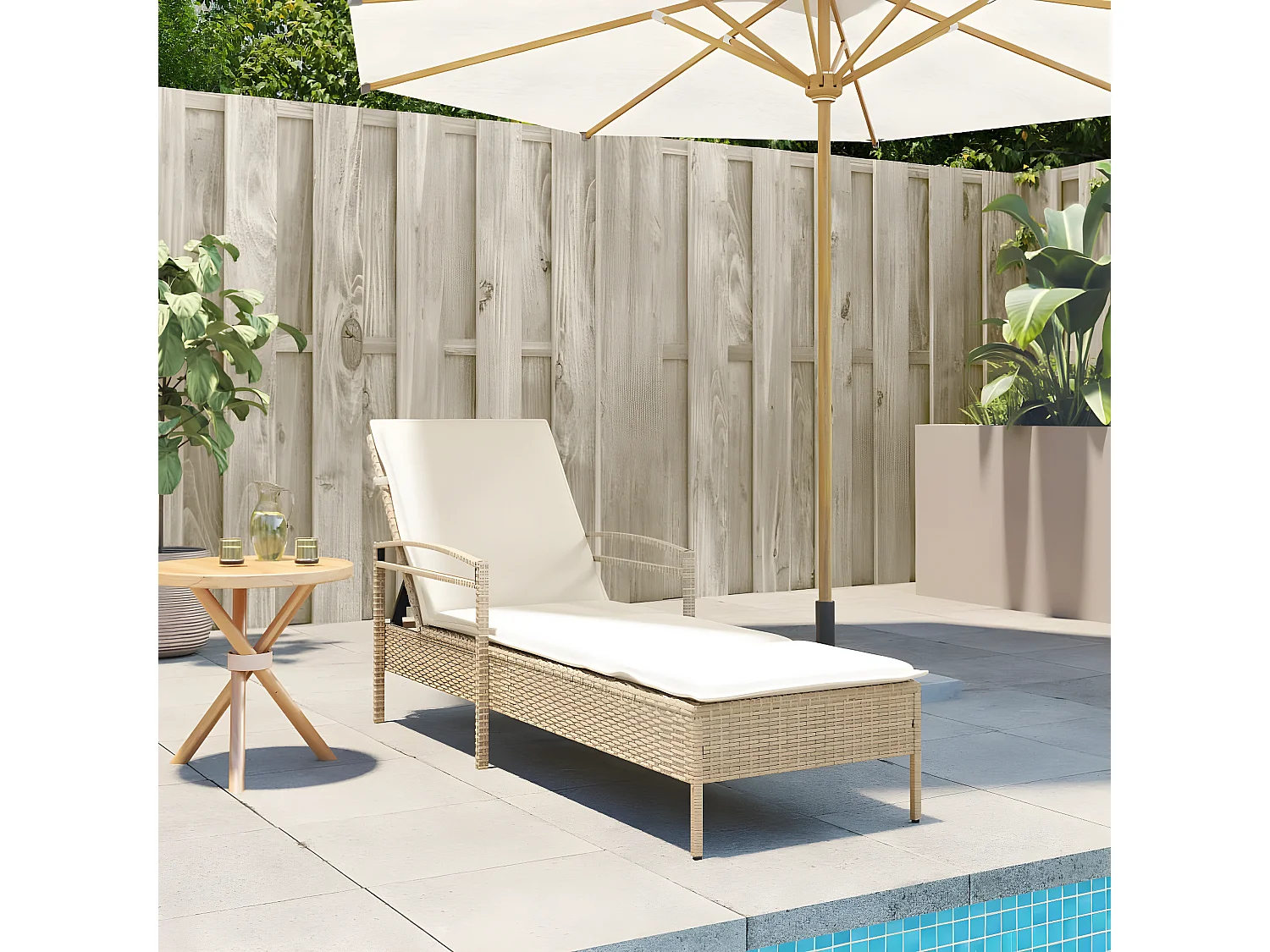 Bain de soleil avec coussin beige 63x200x81 cm résine tressée FR64094