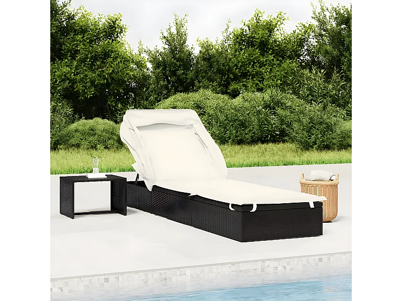 Bain de soleil avec toit pliable noir 213x63x97 cm résine tressée FR73859