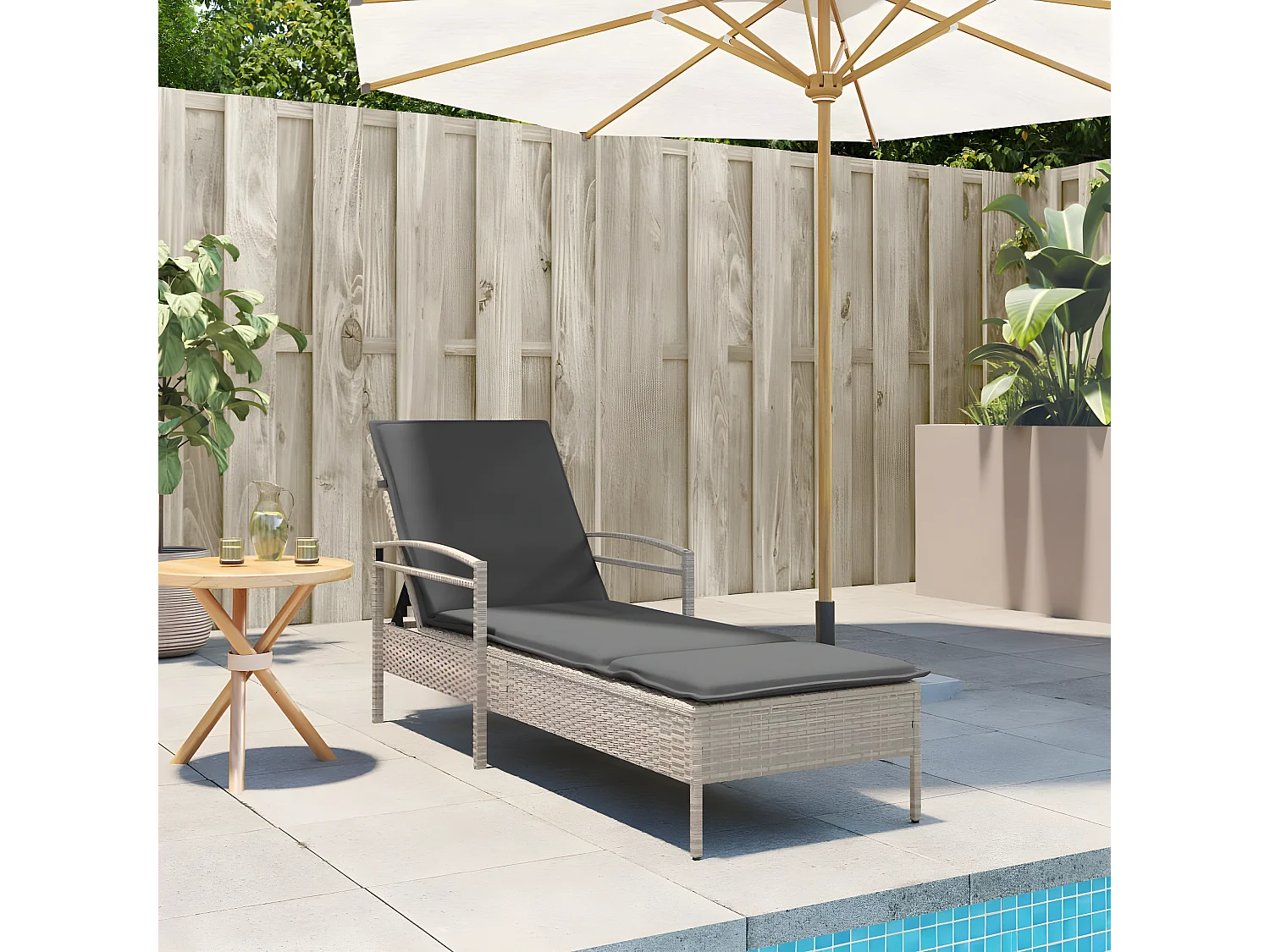 Bain de soleil et coussin gris clair 63x200x81 cm résine tressée FR55371