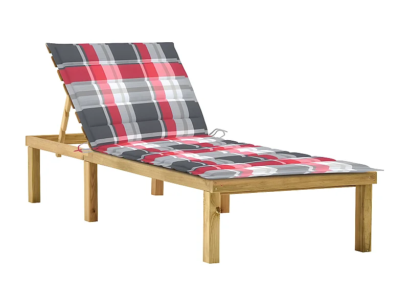 Bain de soleil avec coussin carreaux rouge Bois de pin imprégné FR65865