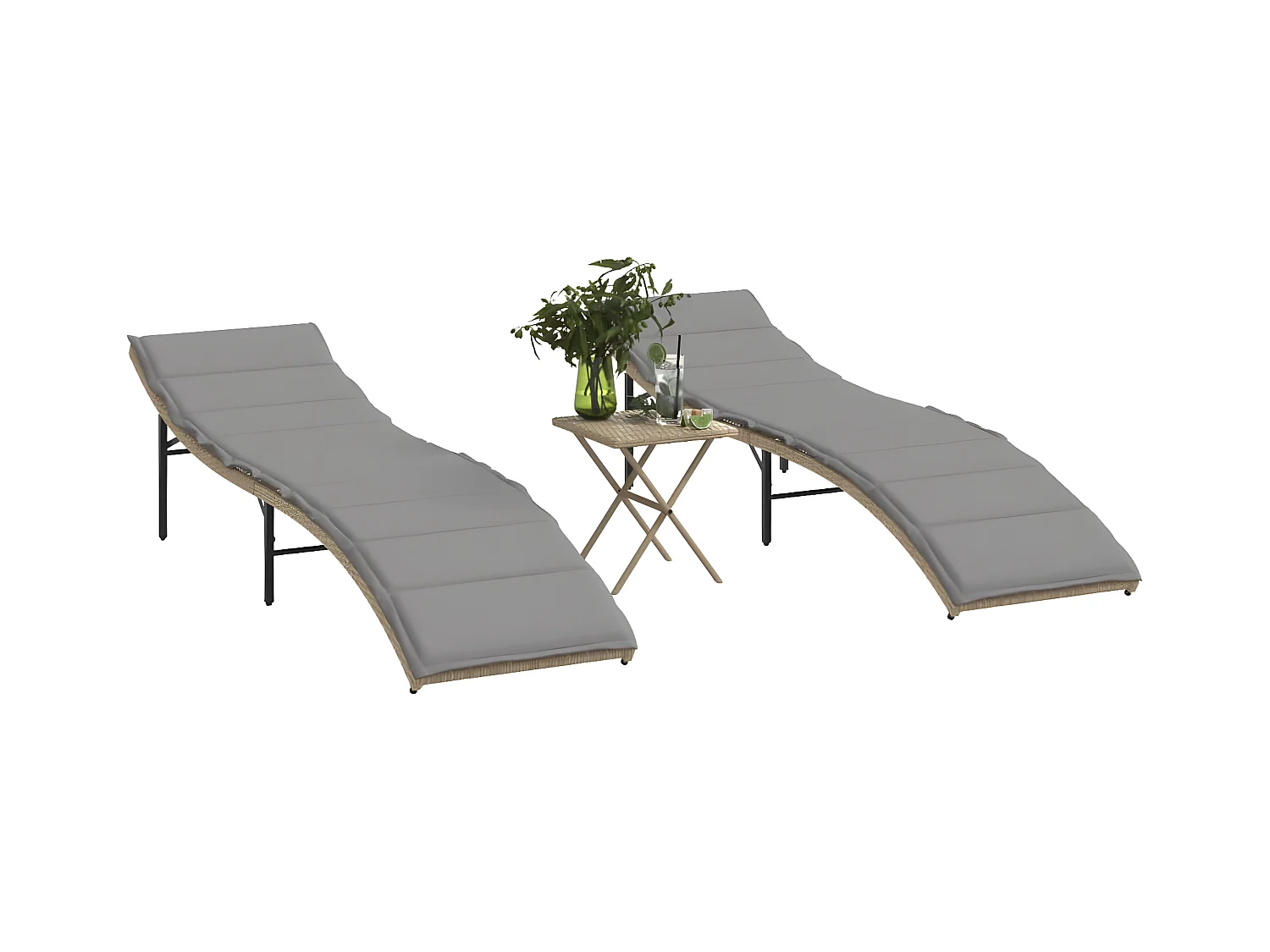 Lot de 2 Bains de soleil avec table beige résine tressée FR80078