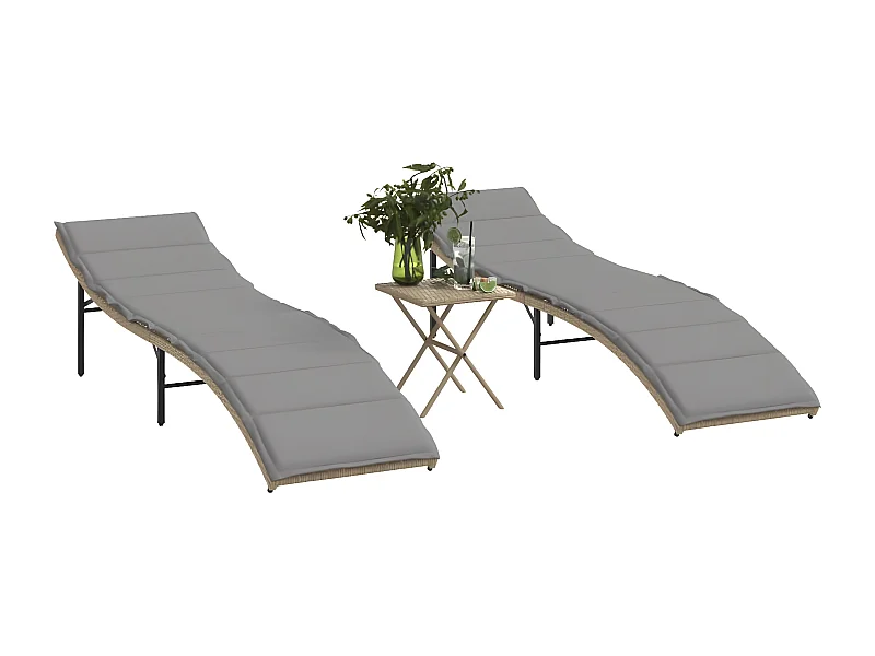 Lot de 2 Bains de soleil avec table beige résine tressée FR80078