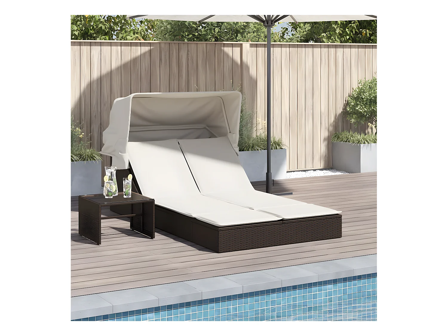Bain de soleil double avec auvent et coussins marron poly rotin FR67664