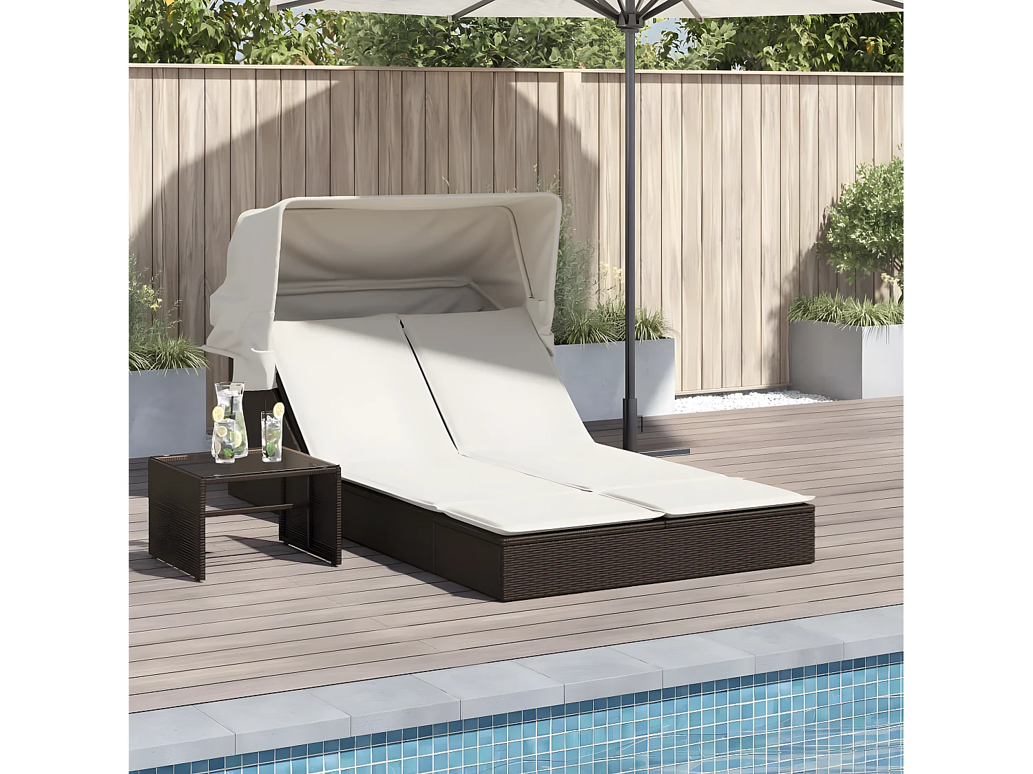 Bain de soleil double avec auvent et coussins marron poly rotin FR67664