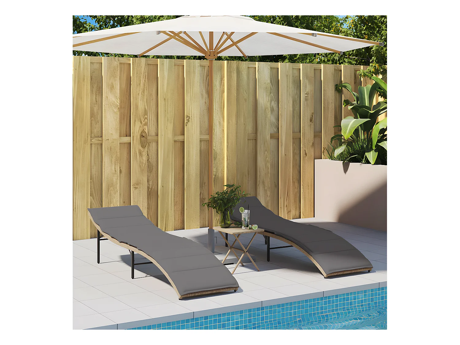 Bain de soleil avec coussin beige 55x199x50 cm résine tressée FR23129
