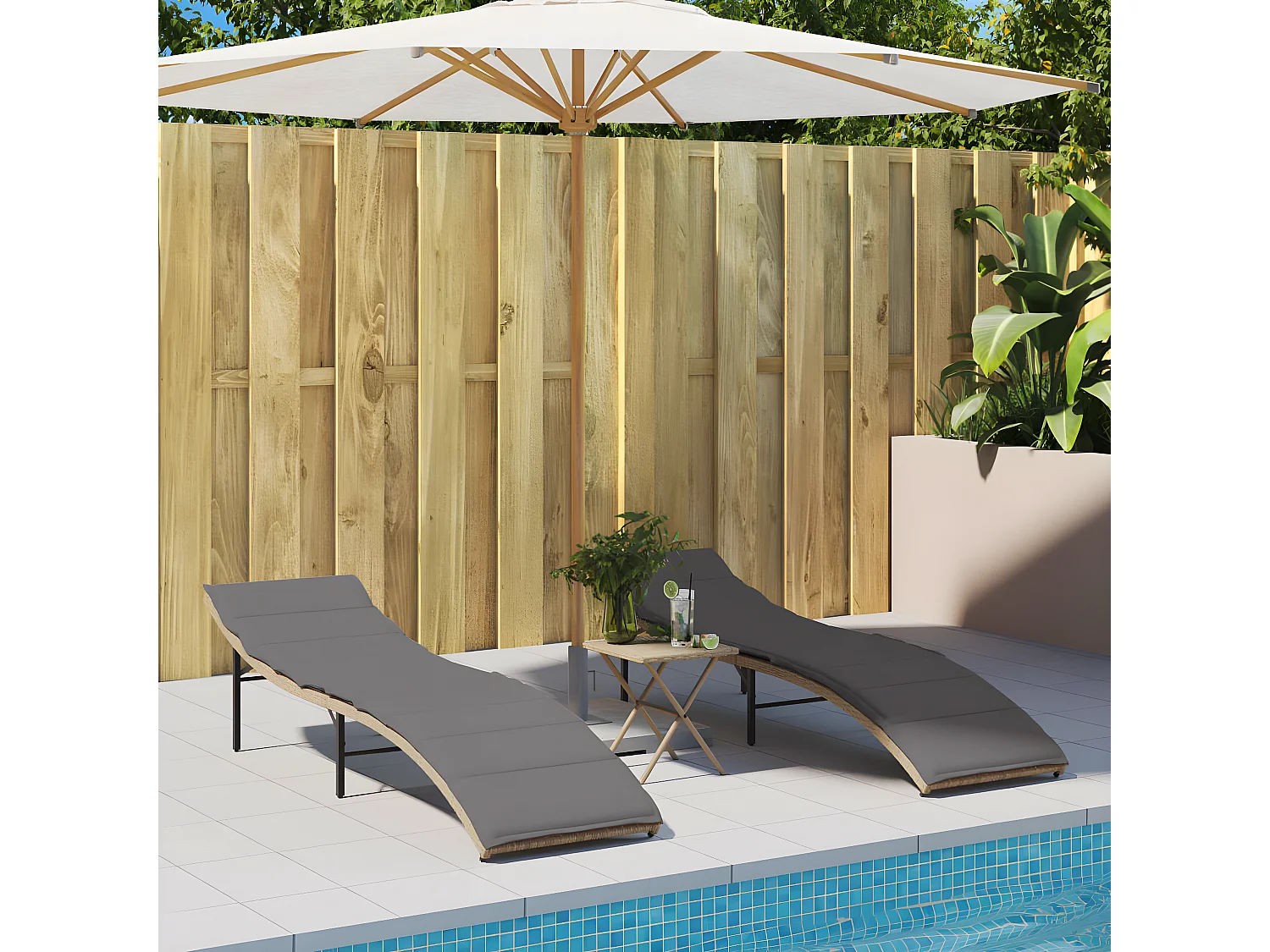 Bain de soleil avec coussin beige 55x199x50 cm résine tressée FR23129