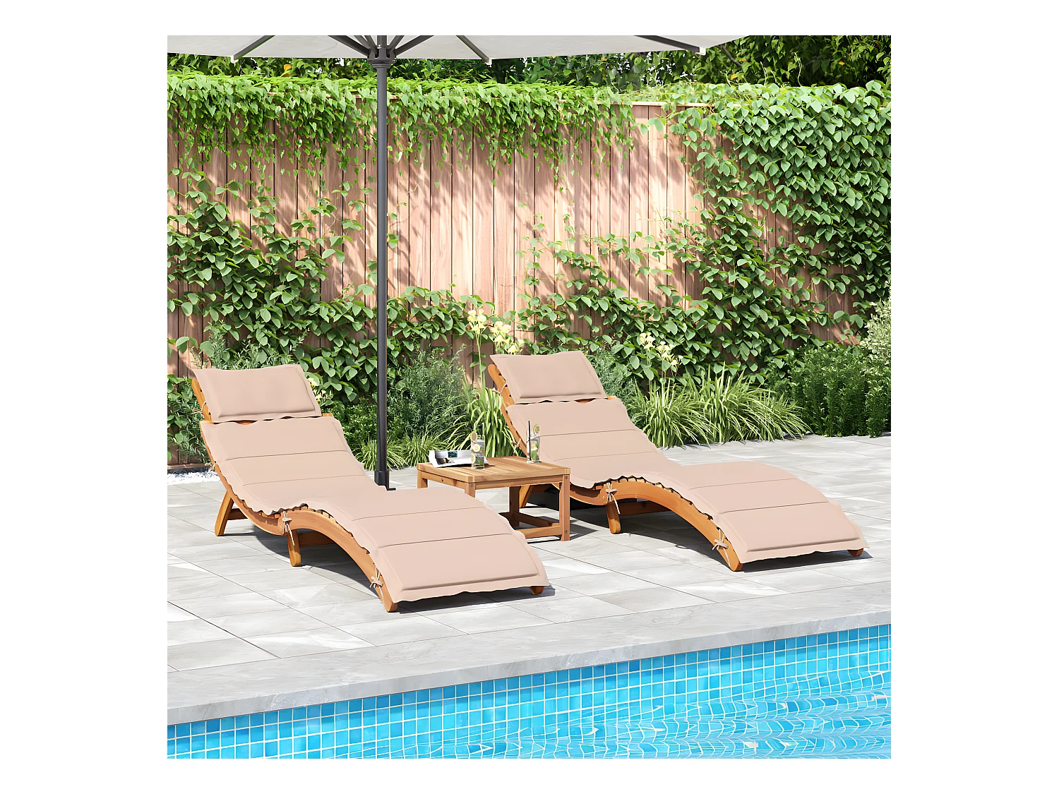 Lot de 2 Bains de soleil avec coussins beige bois massif acacia FR36638