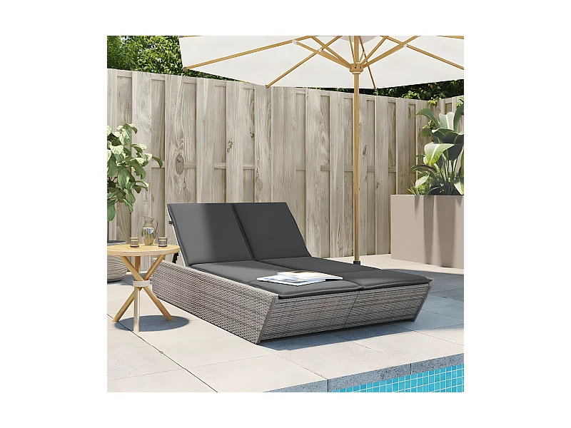 Bain de soleil double avec coussins gris résine tressée FR59858