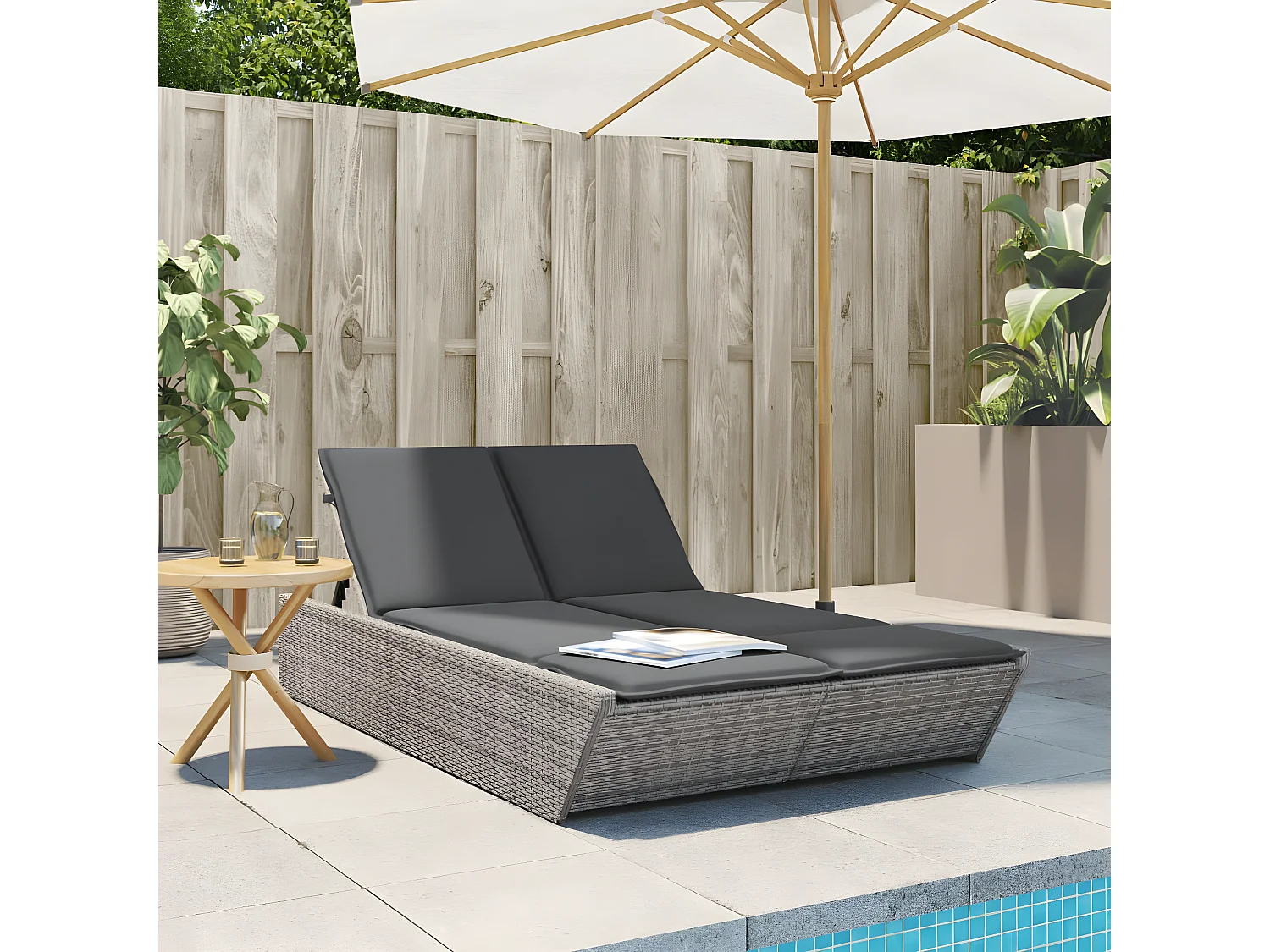 Bain de soleil double avec coussins gris résine tressée FR59858