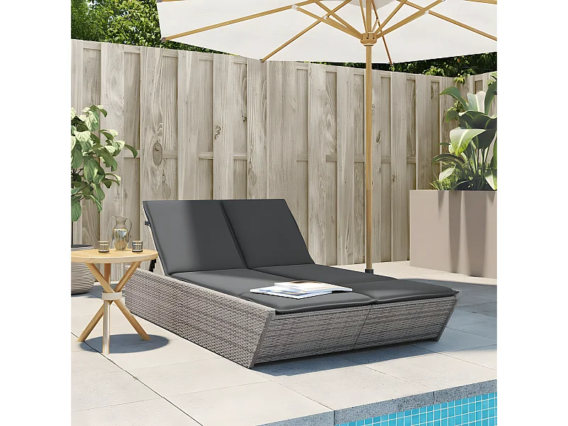 Bain de soleil double avec coussins gris résine tressée FR59858