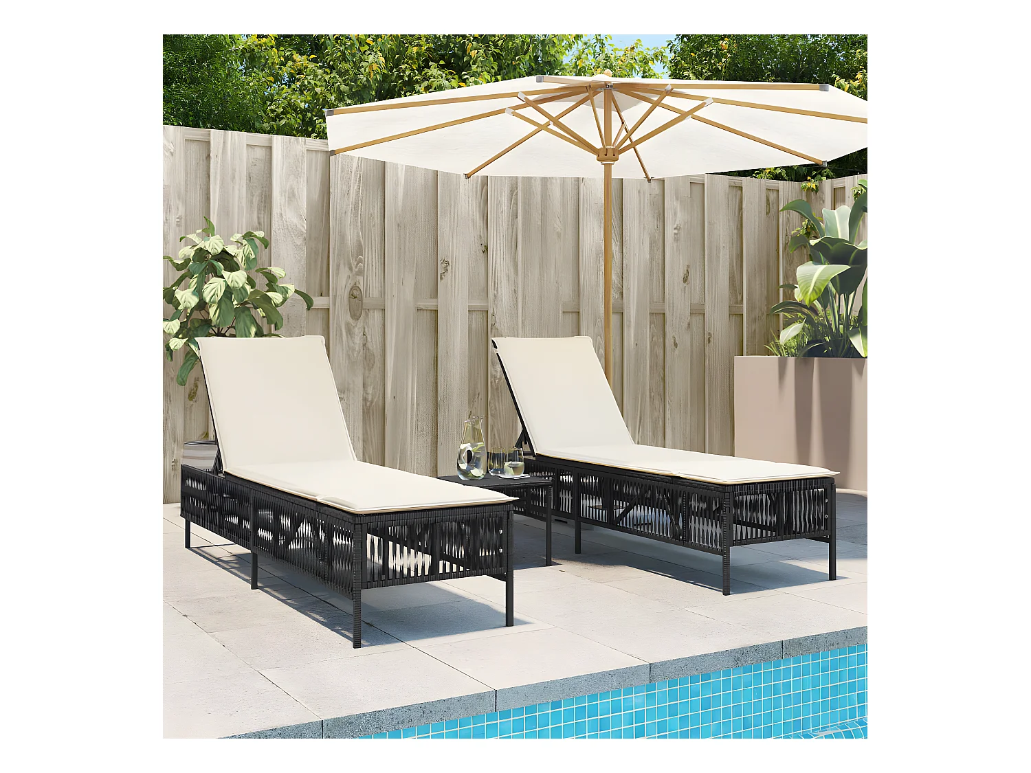 Lot de 2 Bains de soleil avec table noir résine tressée FR96098