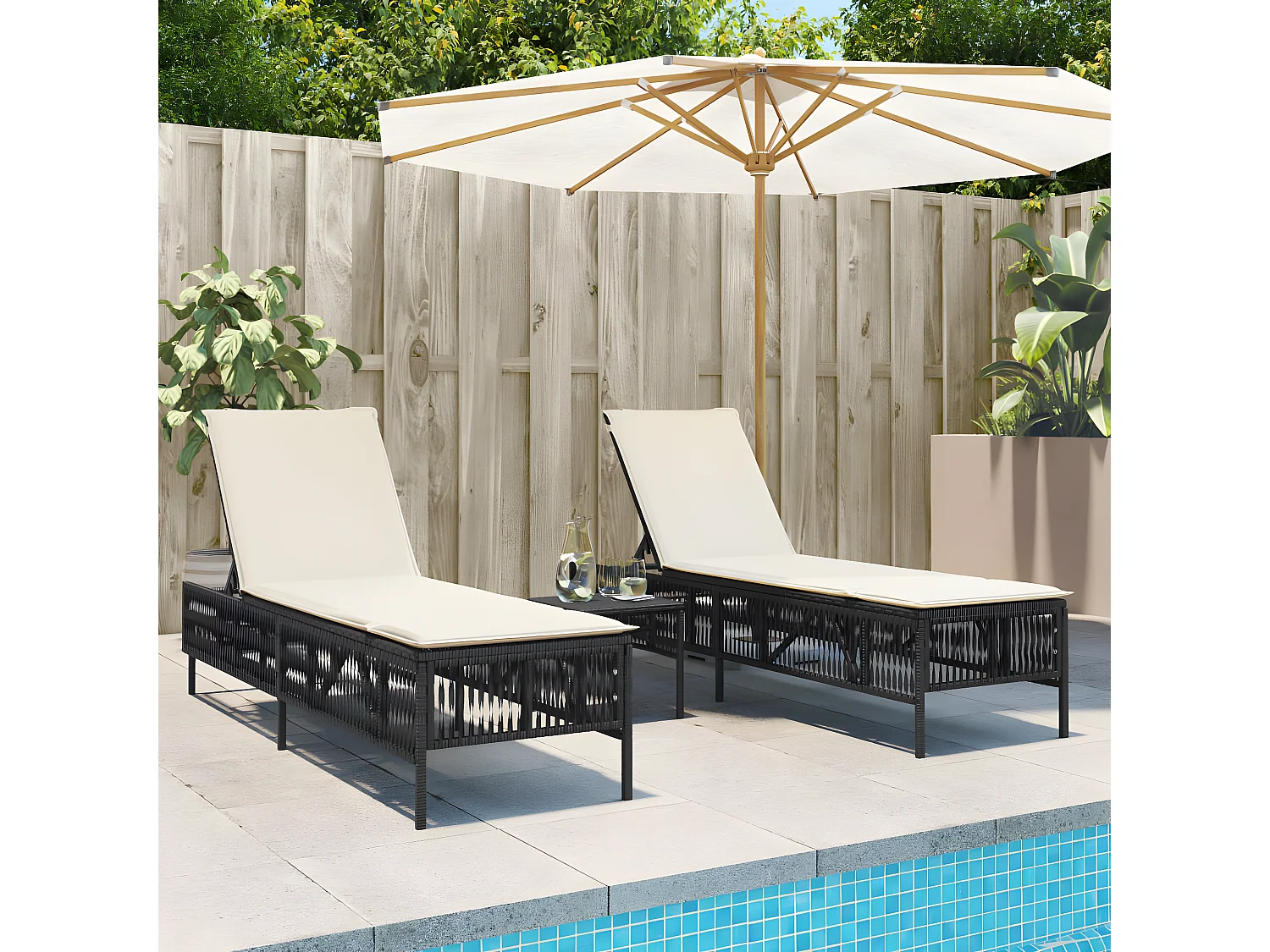 Lot de 2 Bains de soleil avec table noir résine tressée FR96098