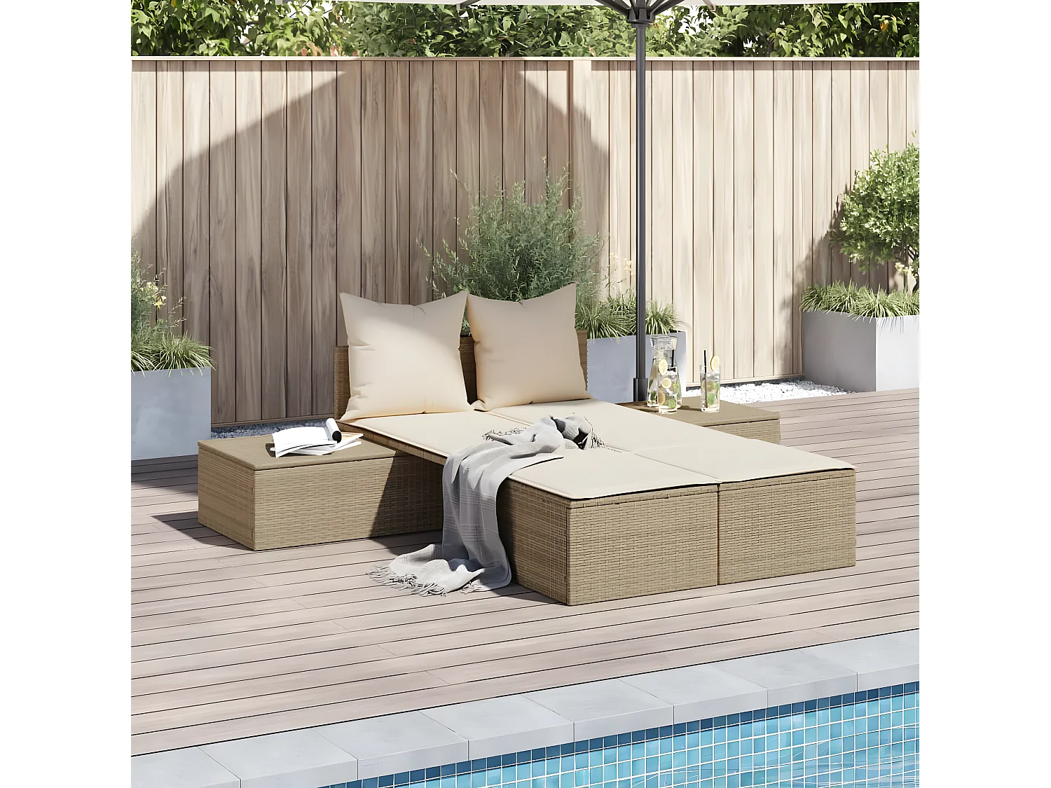 Tumbona doble con cojines ratán sintético beige ES164976
