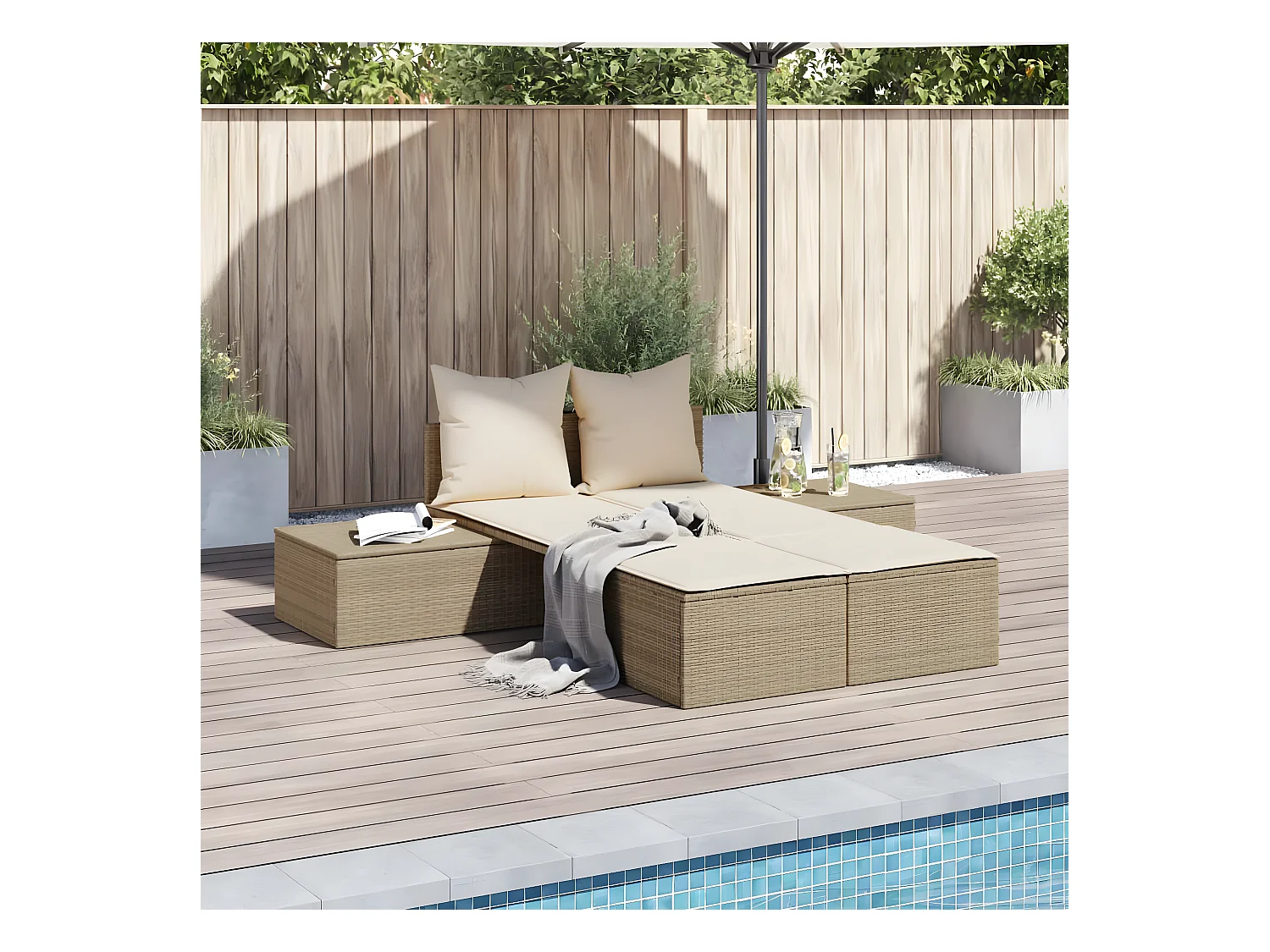 Bain de soleil double avec coussins beige résine tressée FR99495