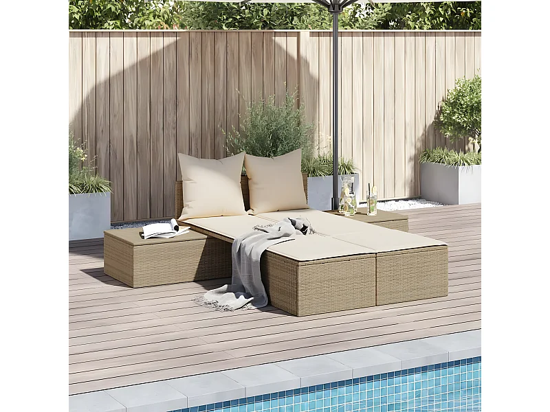 Ligbed 2-persoons met kussens poly rattan beige BE862841