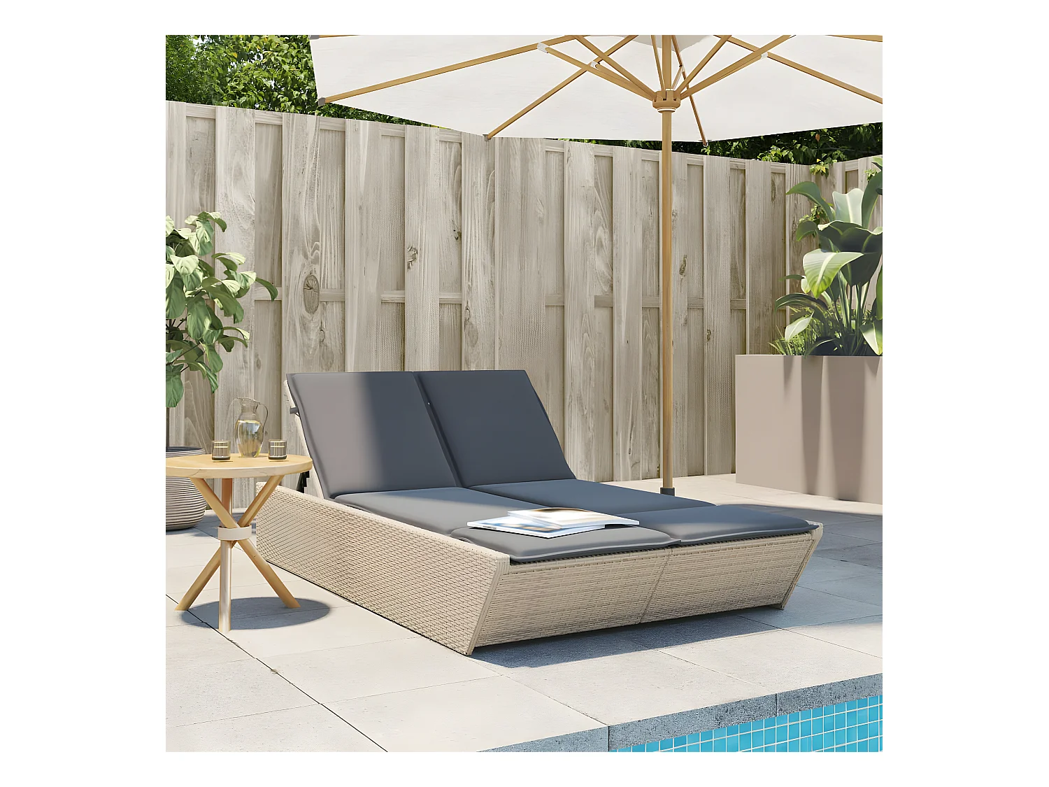 Bain de soleil double avec coussins beige résine tressée FR69395
