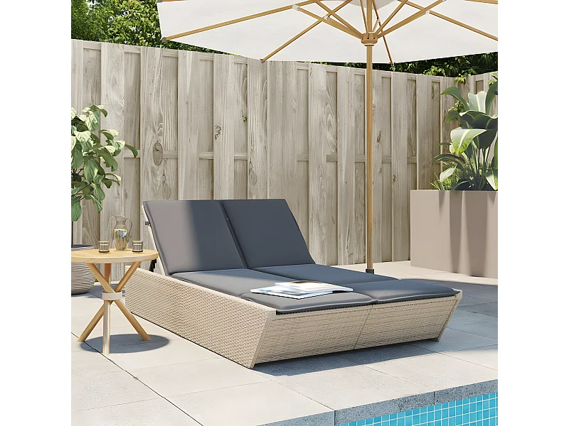 Bain de soleil double avec coussins beige résine tressée FR69395
