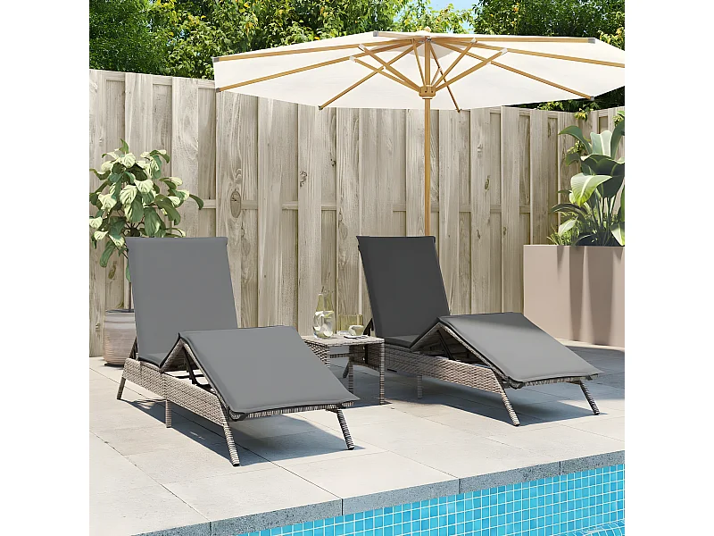 Lot de 2 Bains de soleil avec table gris résine tressée FR90419