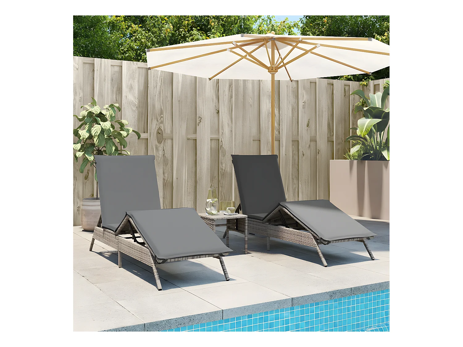 Lot de 2 Bains de soleil avec table gris résine tressée FR90419