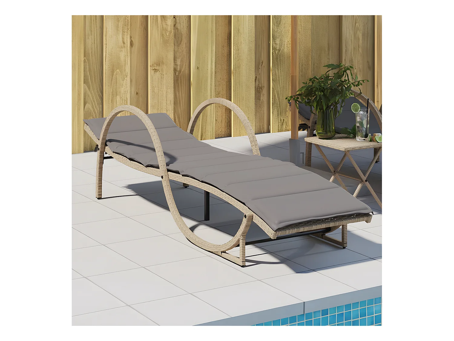 Bain de soleil avec coussin beige 60x199x42 cm résine tressée FR24657