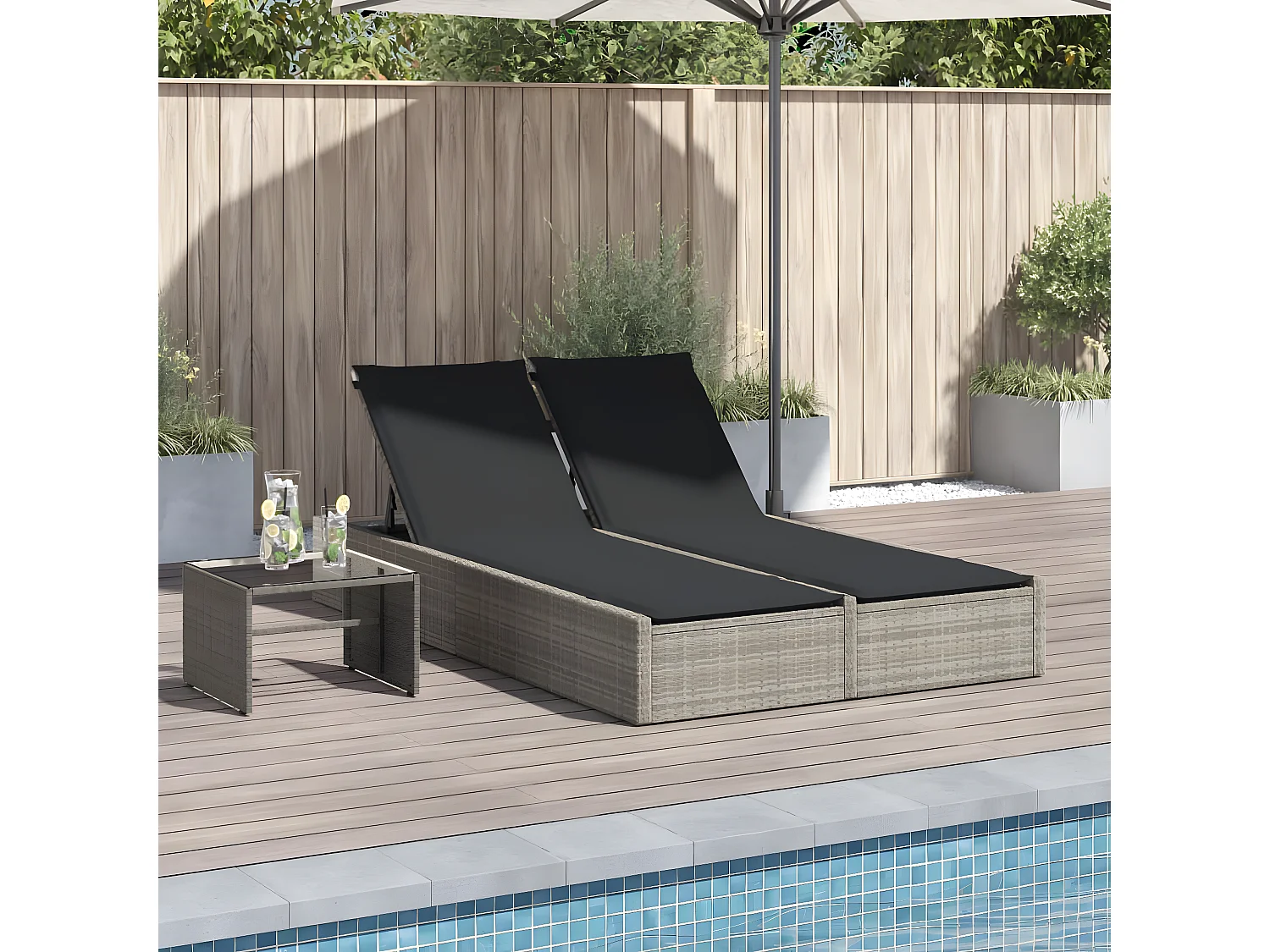Bain de soleil double avec coussins gris clair résine tressée FR63040