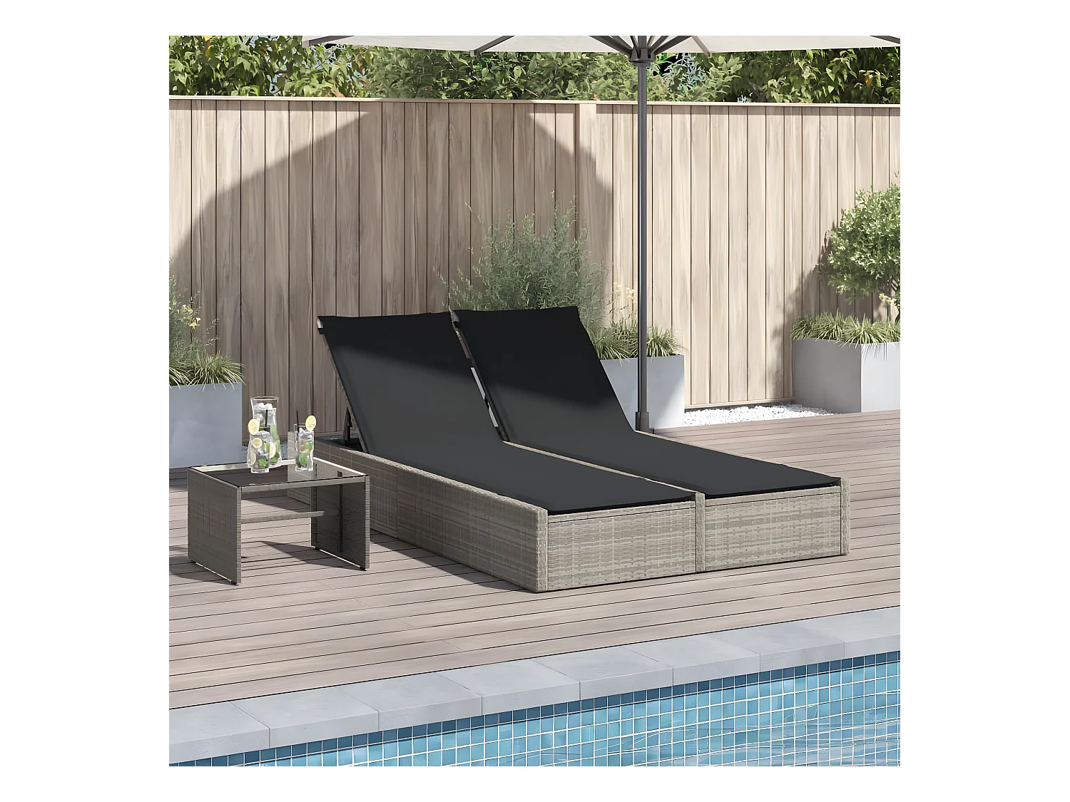 Bain de soleil double avec coussins gris clair résine tressée FR63040