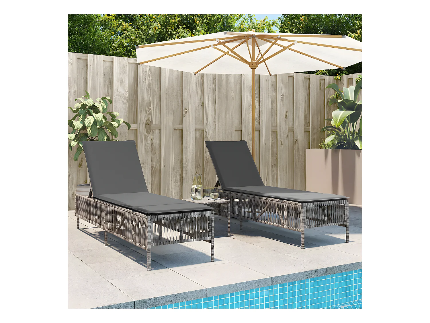Lot de 2 Bains de soleil avec table gris résine tressée FR83631