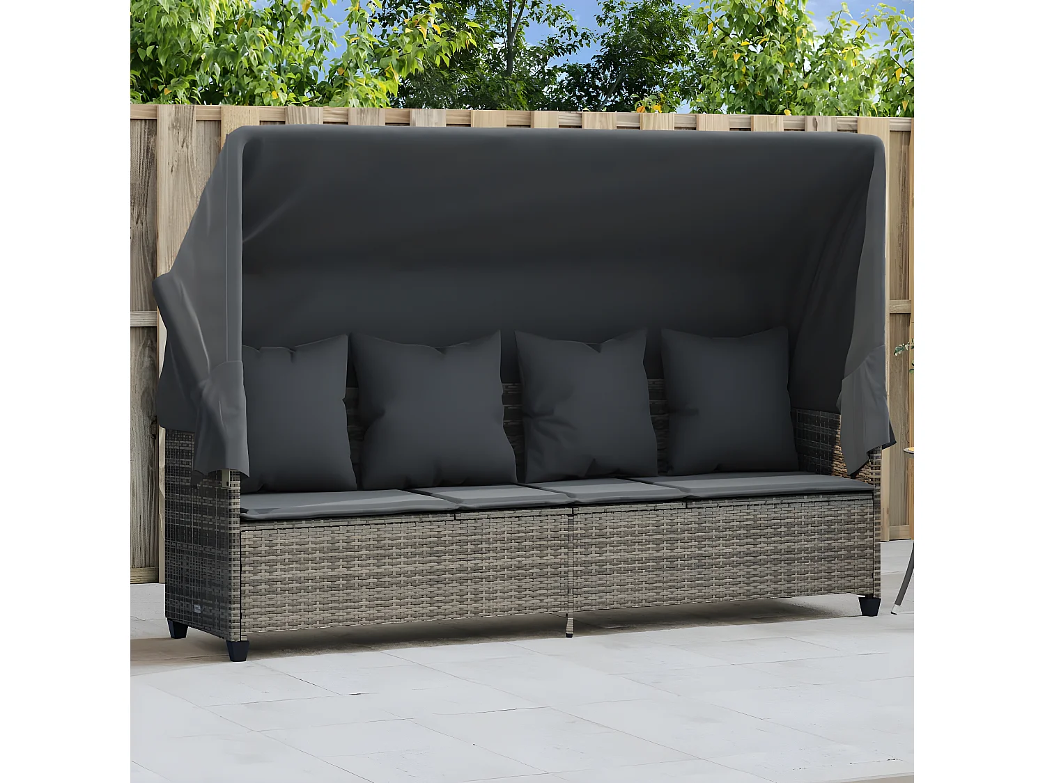 Bain de soleil avec auvent et coussins gris résine tressée FR64446