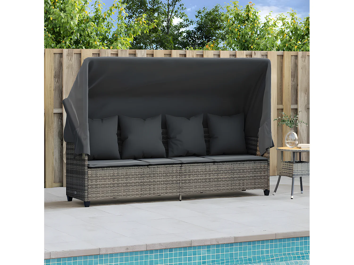 Bain de soleil avec auvent et coussins gris résine tressée FR64446