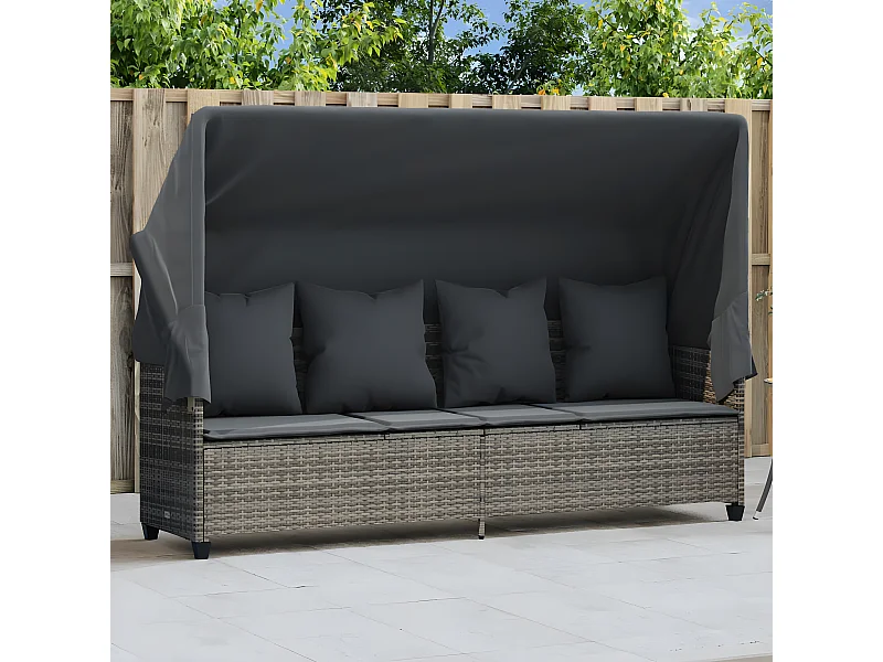Bain de soleil avec auvent et coussins gris résine tressée FR64446
