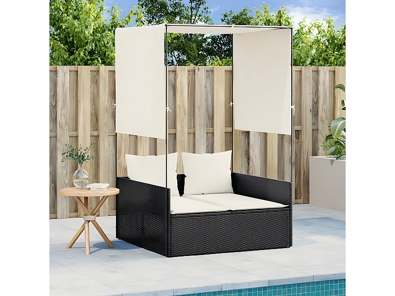 Bain de soleil double avec toit et rideaux noir résine tressée FR58706