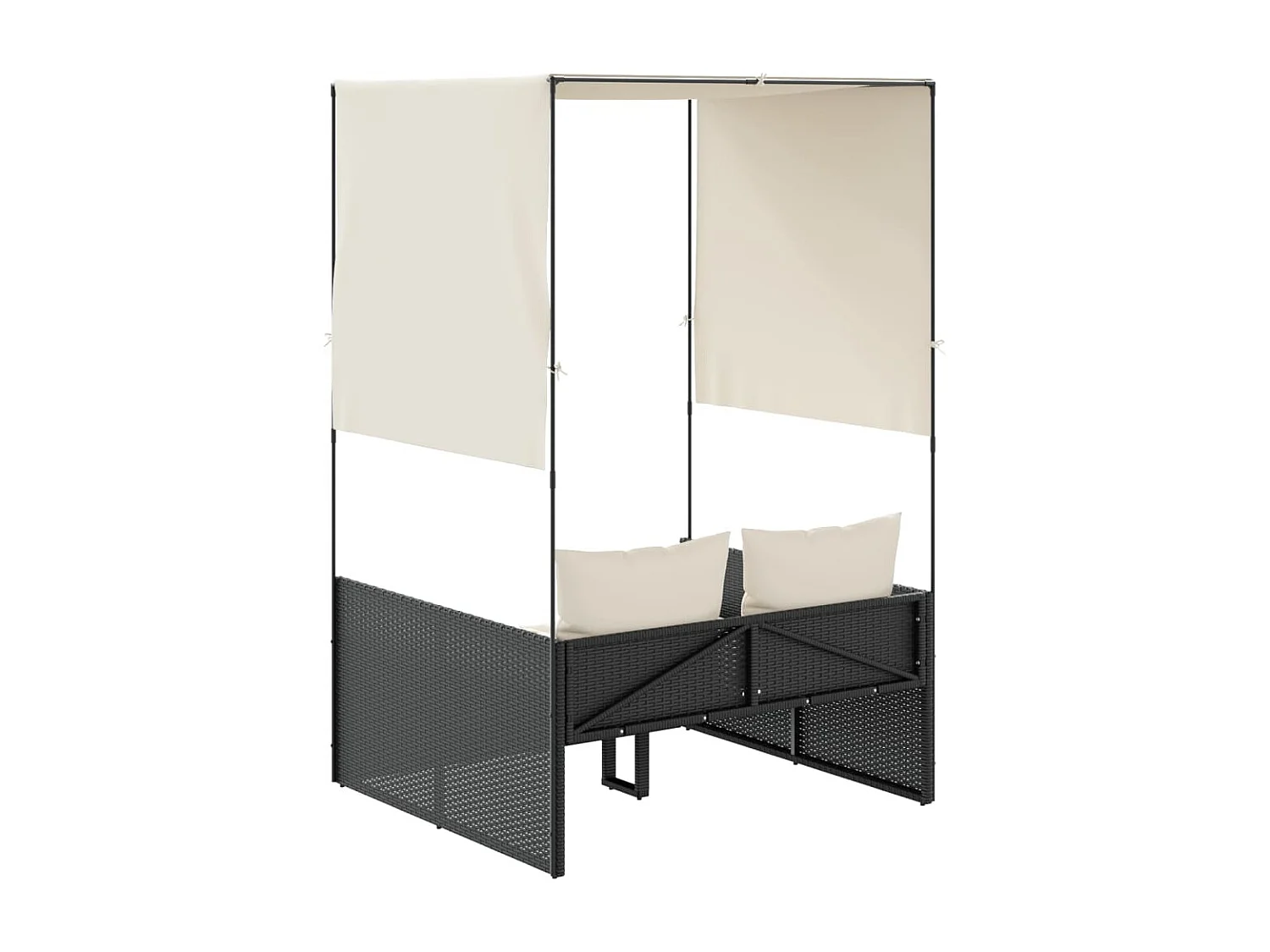 Bain de soleil double avec toit et rideaux noir résine tressée FR58706