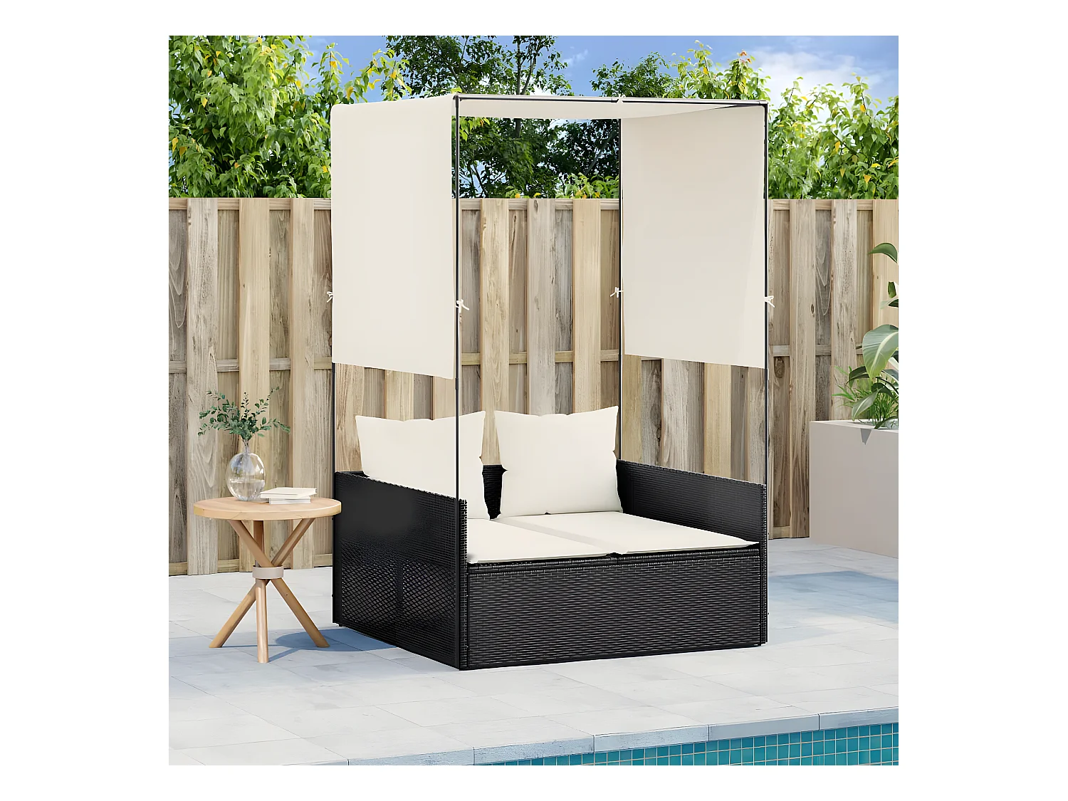 Bain de soleil double avec toit et rideaux noir résine tressée FR58706