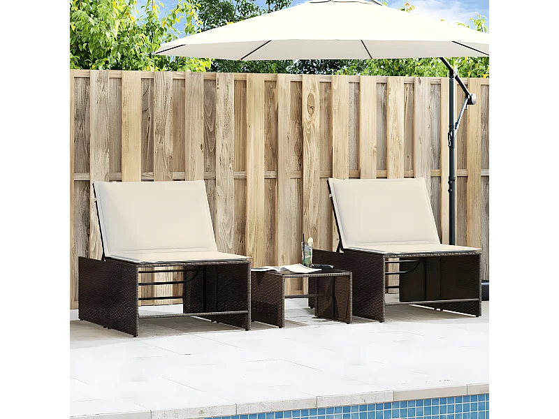 Lot de 2 Bains de soleil avec table marron résine tressée FR50792