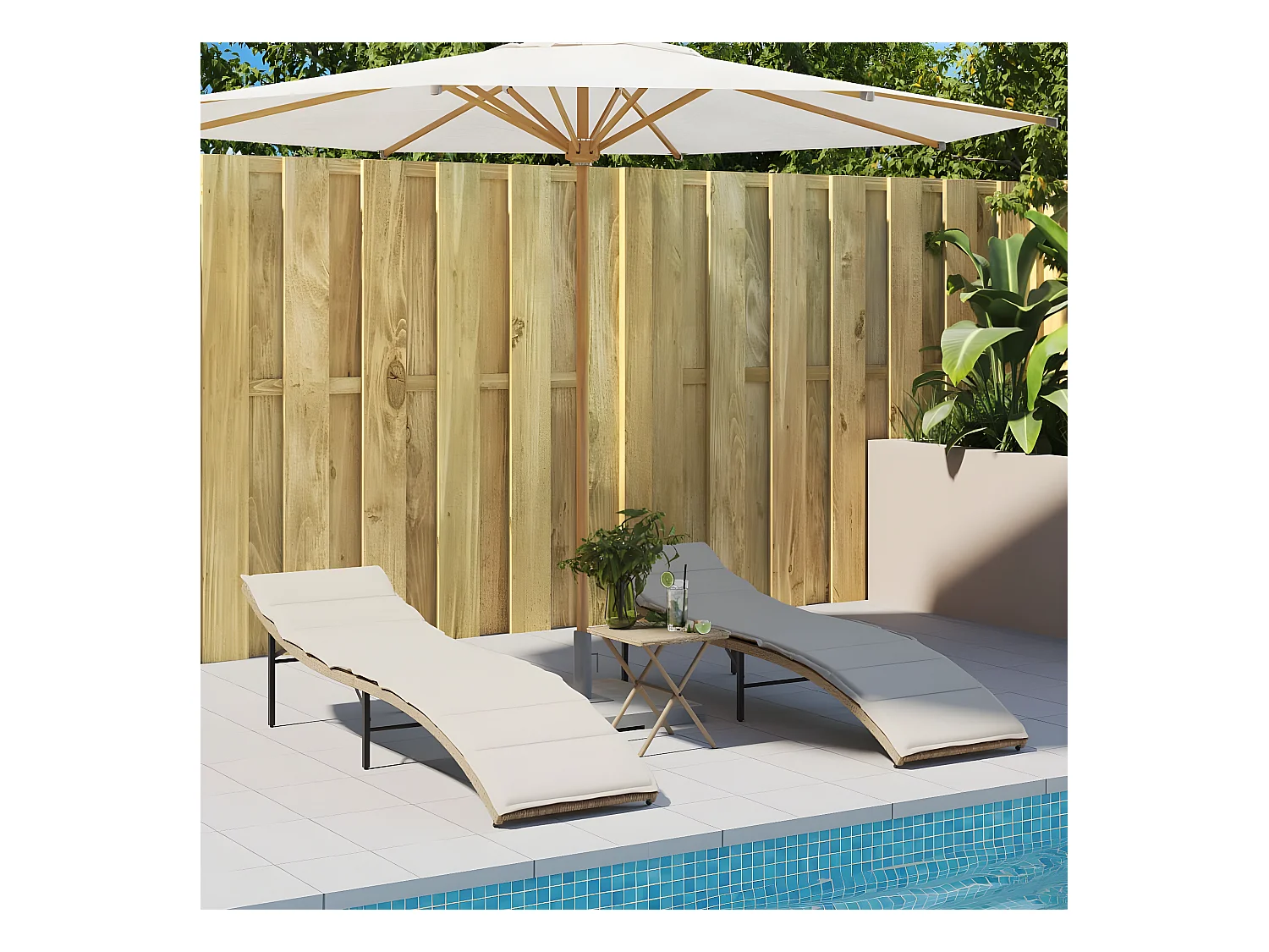 Lot de 2 Bains de soleil avec coussins beige résine tressée FR60143