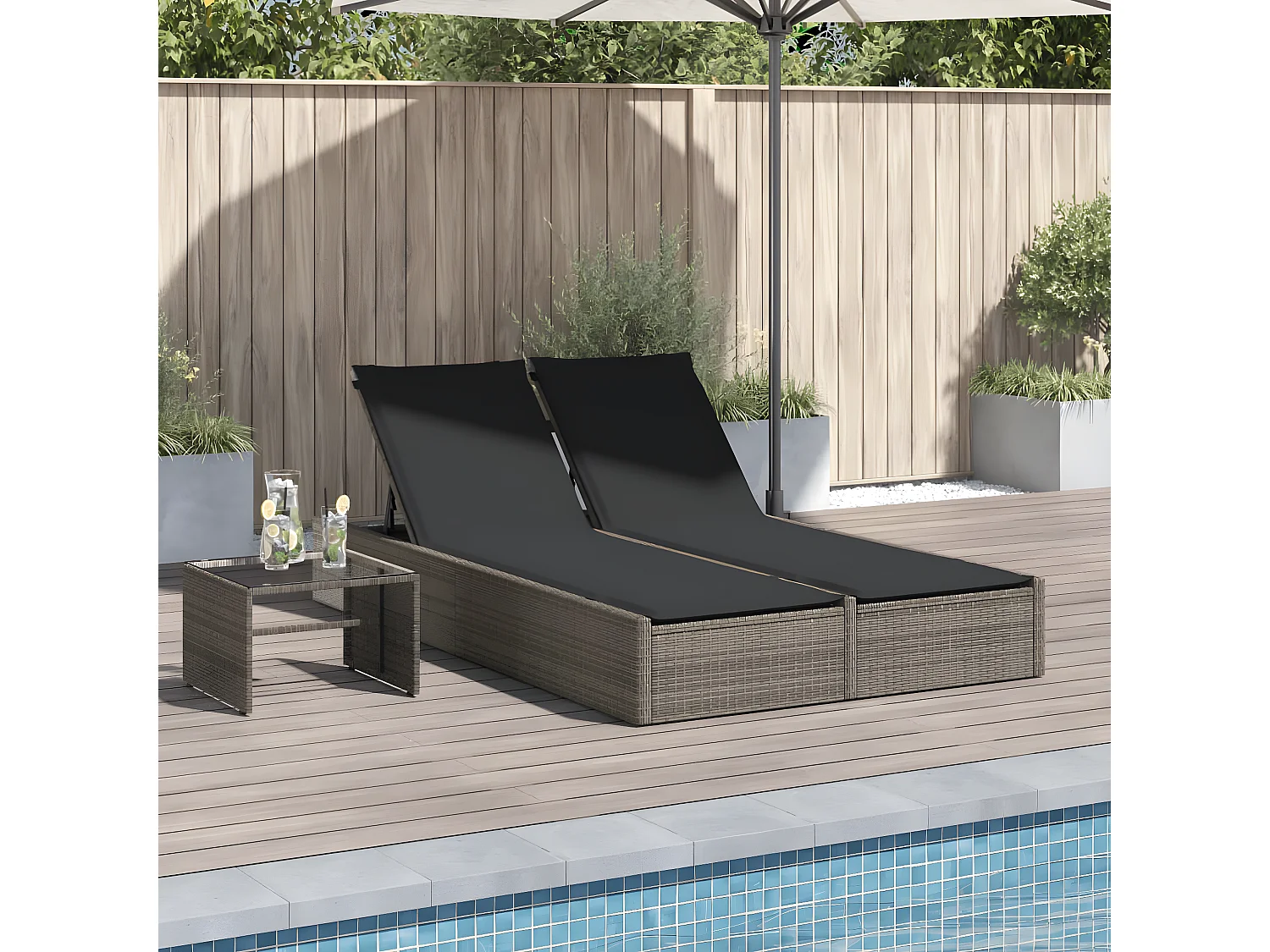 Bain de soleil double avec coussins gris résine tressée FR45636