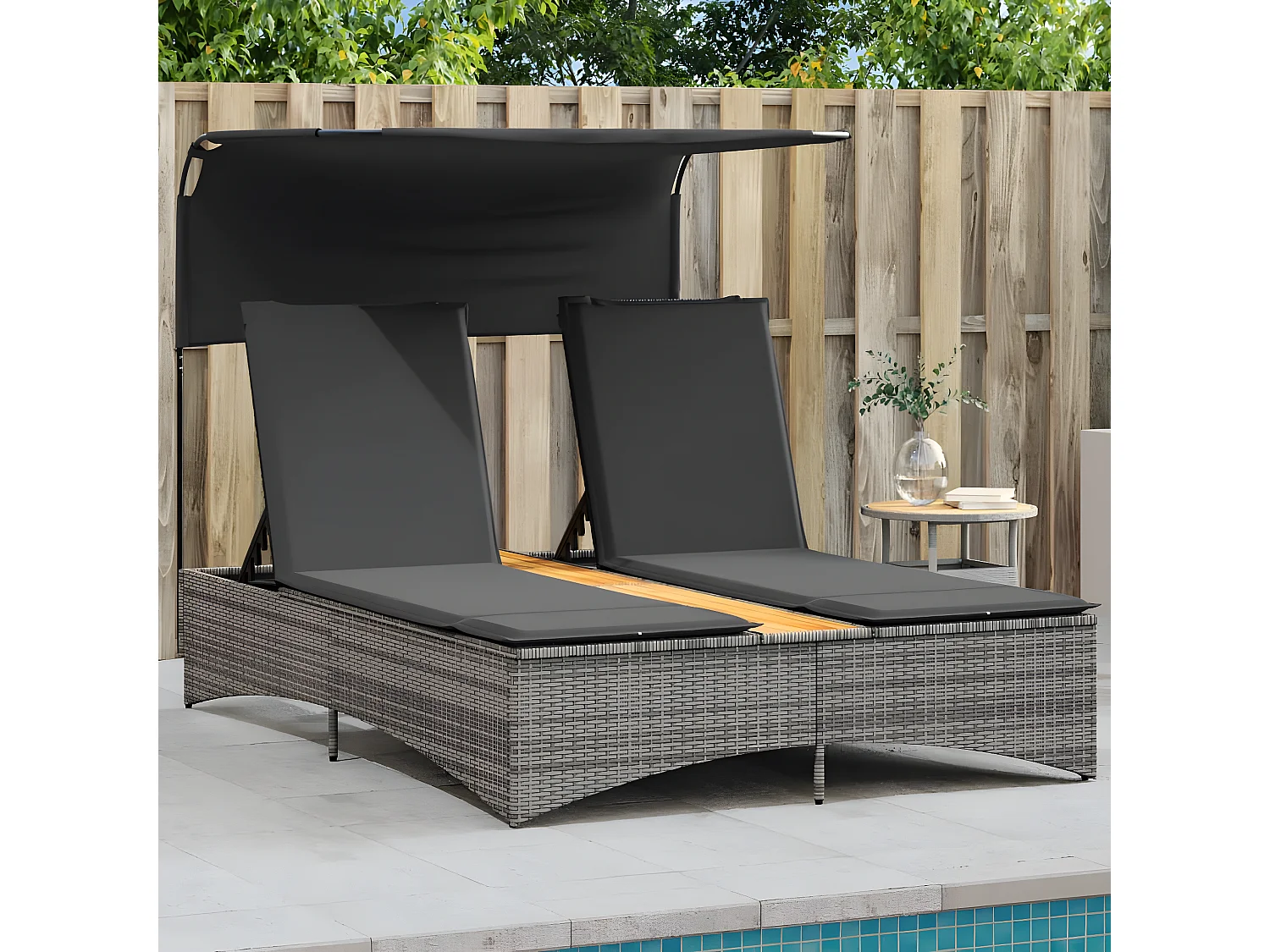 Bain de soleil double et auvent et coussins gris résine tressée FR10998