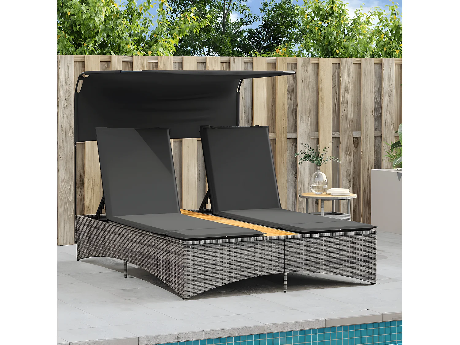 Bain de soleil double et auvent et coussins gris résine tressée FR10998
