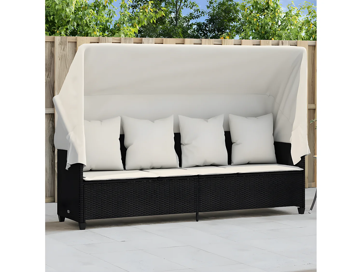 Bain de soleil avec auvent et coussins noir résine tressée FR40839